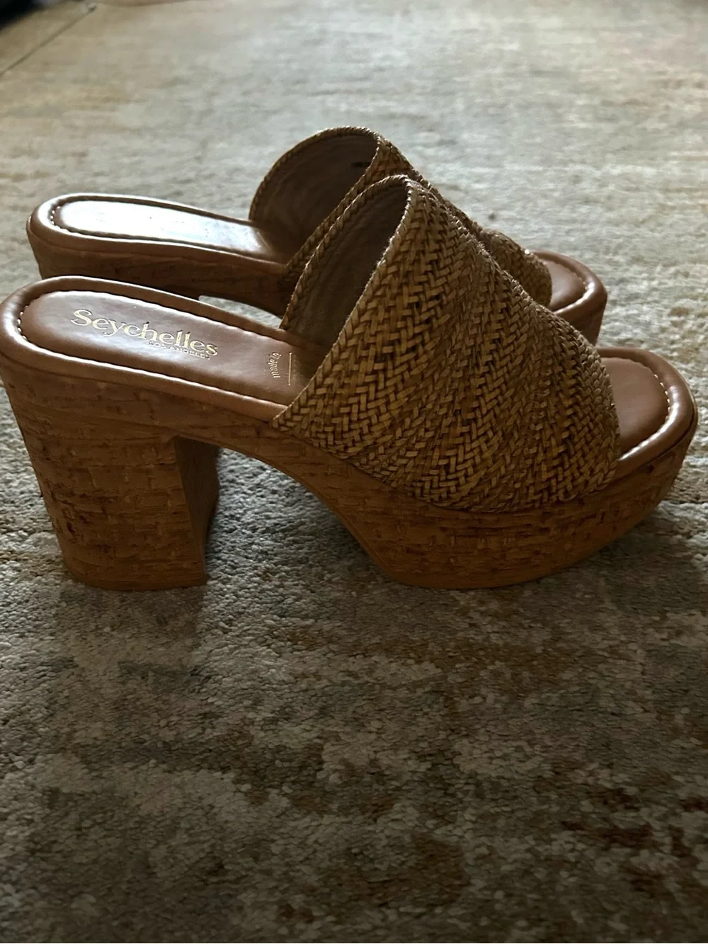 Seychelles Woven Tan Cork Platform Slide Heels - Picture 2 of 6